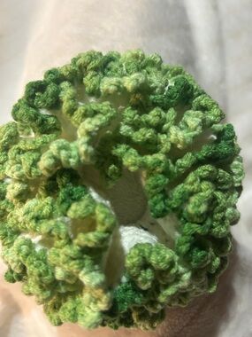 Hand Crafted Cream and Green Crocheted Ruffle Hair Scrunchie